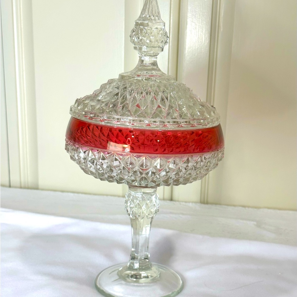 Vintage ruby and crystal Indiana glass covered pedestal candy dish.